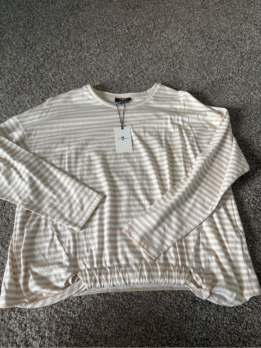 7 For All Mankind Cream and White Striped Long Sleeve Tee
